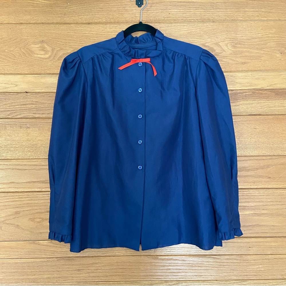 Vintage 80s handmade navy blue ruffle collar puff sleeve button front shirt